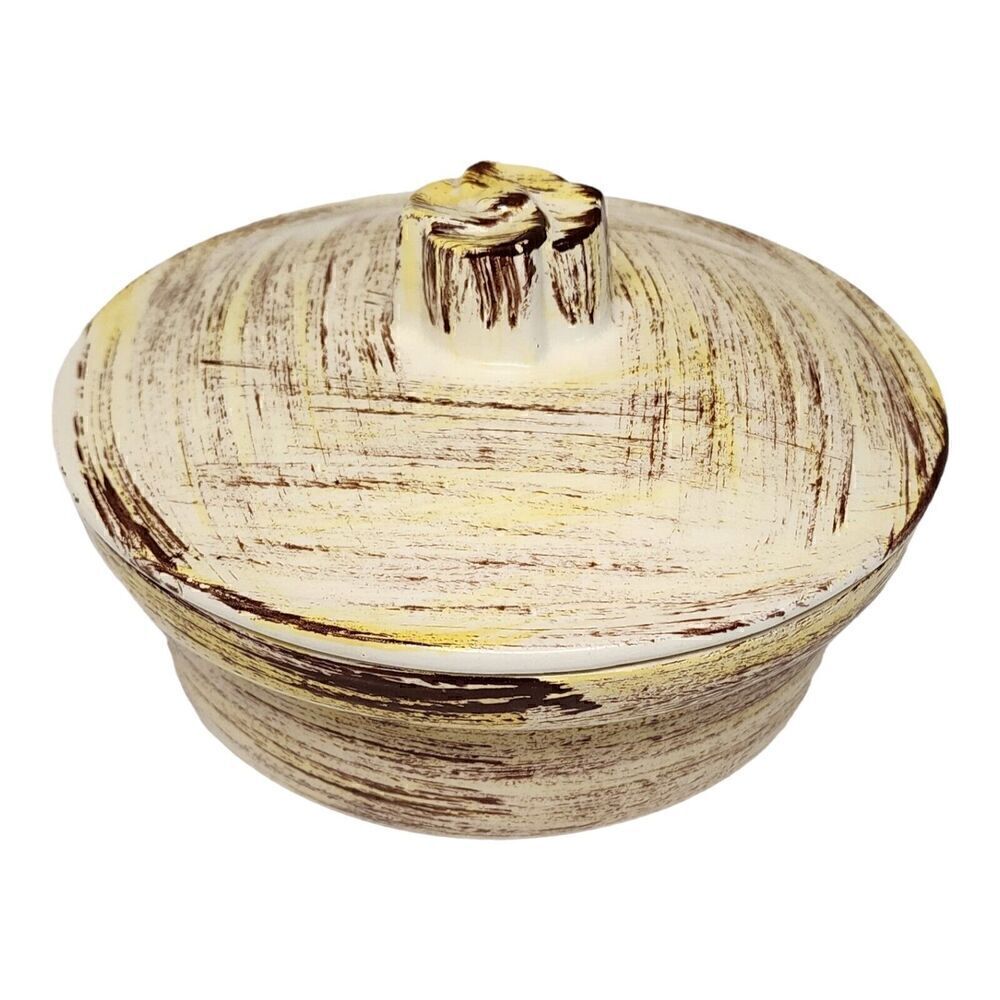 Vernonware Mid Century Brown, Ivory Yellow Ceramic Serving Dish w Lid 7x4.5